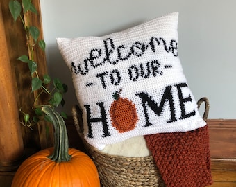 Crochet pillow pattern -  Halloween crochet pattern - Fall crochet pattern - Welcome to Our Home Pillow - DIY Halloween Decor