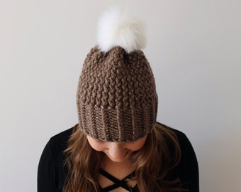 Brown and Silver Knitted Hat - Brown Beanie - Neutral Hand Knit Hat - Fur Pom Beanie - Sparkly Brown Chunky Knit Hat