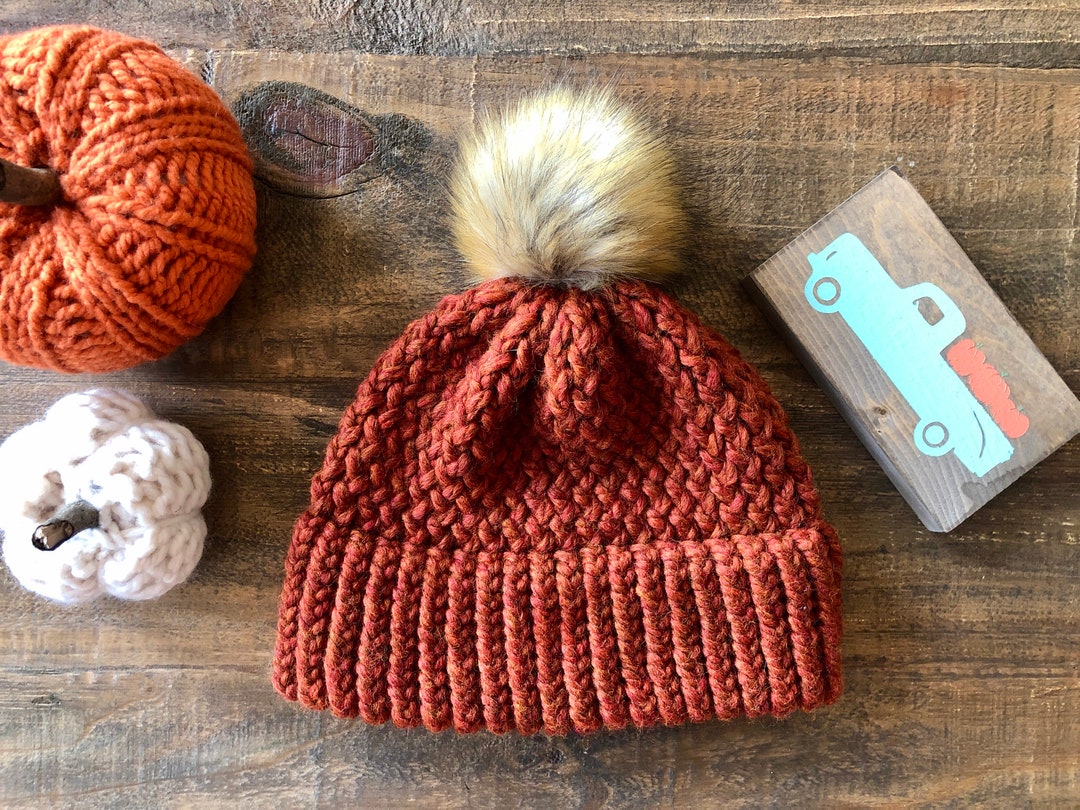 CHUNKY Ribbed Hand Knit Pumpkin Spice Beanie Hat with Pom Pom CHUNKY Ribbed Hand Knit Pumpkin Spice Beanie Hat With Pom  main image 2