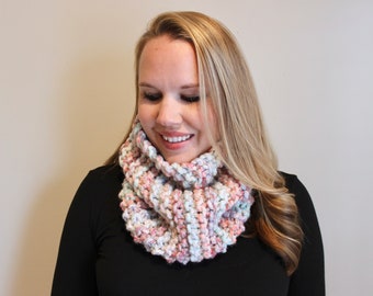 Multicolored Knitted Cowl - Chunky Knit Scarf - Mint, Peach, Pink Warm Wool Scarf - Knitted Scarf - Winter Scarf