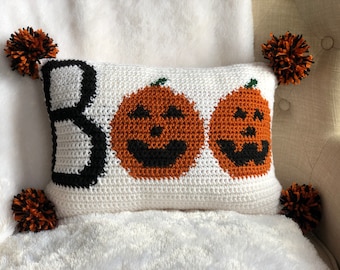 Crochet pillow pattern -  Halloween crochet pattern - Boo Jack-O-Lantern Pillow Pattern -  Halloween pillow - DIY Halloween decor