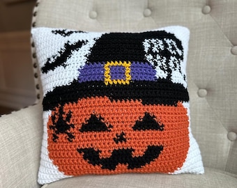 Crochet pillow pattern - Halloween crochet pattern - Pumpkin in a Witch Hat Pillow Pattern - Halloween pillow - DIY Halloween decor