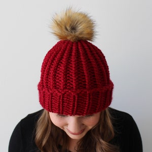 Red Knitted Hat - Red Beanie - Chunky Knit Wool Hat - Fur Pom Beanie