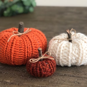 Crocheted Pumpkin Trio - Fall Pumpkin Decor - Farmhouse Decor - Orange, Creamy White, and Rust Orange Pumpkins