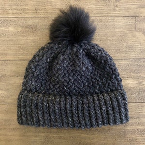 Dark Gray Knitted Hat with Black Faux Fur Pom