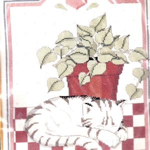 Kit de punto de cruz contado: Gatito gato durmiente con diseños de banar de plantas