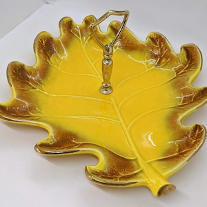 California Pottery Leaf Serving Tray 803 Finial Handle Yellow Brown Gold Edging