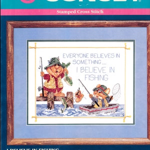 Fishing Stamped Cross Stitch Kit:  I Believe in Fishing, Partially worked