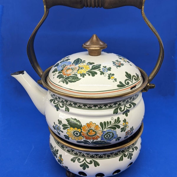 ASTA Enamelware Teapot Tea Kettle w Table Top Warmer Old Amsterdam Design