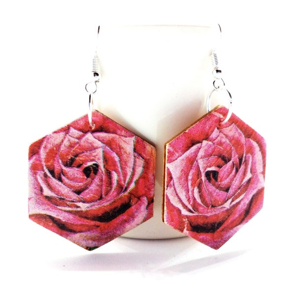 Cadeau - roses bijoux - motifs floraux insolites - découpage en bois fait à la main boucles d’oreilles - boucles d’oreilles rose unique pour elle - deux faces mignonnes boucles d’oreilles