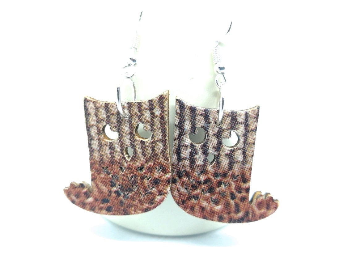 Unique Owl-Shaped Earrings - Handmade Wooden Decoupage Earrings - Quirky Brown Owl Earrings - Handma