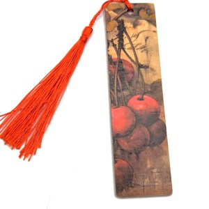 Decoupage Wooden Bookmark: Red Cherry Tassel, Vintage Style