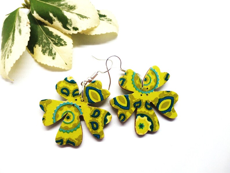 lucky charm gift luck symbol earring Four leaf clover earrings handmade wooden decoupage earrings cute gift for her clover jewelry