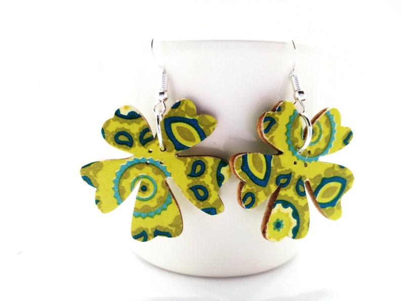 lucky charm gift luck symbol earring Four leaf clover earrings handmade wooden decoupage earrings cute gift for her clover jewelry
