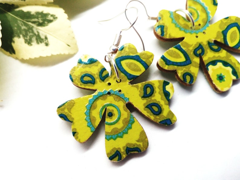 lucky charm gift luck symbol earring Four leaf clover earrings handmade wooden decoupage earrings cute gift for her clover jewelry