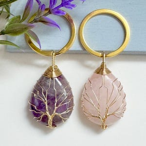 Crystal Keyring set. Rose Quartz and Amethyst Keyrings set of 2. Made with natural crystal. Tree of life design. Cry’s gifts for her.