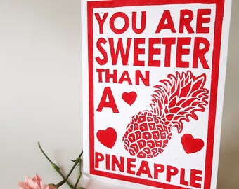 Pineapple valentines card, unusual valentines print, pineapple linocut, pineapple print, anniversary, handmade valentine, love card, fruity