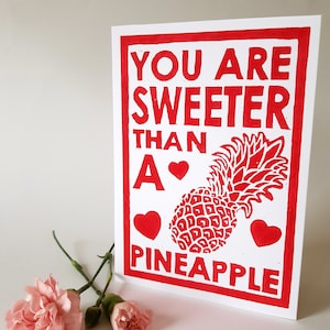 Carte Saint-Valentin ananas, impression Saint-Valentin inhabituelle, linogravure ananas, impression ananas, anniversaire, Saint-Valentin fait main, carte d'amour, fruité