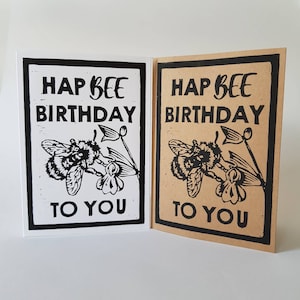 バンブルビーの誕生日カード、ハチのリノカット、バンブルビーのプリント、ハッピーハチの誕生日、ハチのしゃれのリノプリント