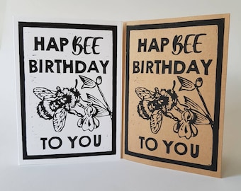 バンブルビーの誕生日カード、ハチのリノカット、バンブルビーのプリント、ハッピーハチの誕生日、ハチのしゃれのリノプリント