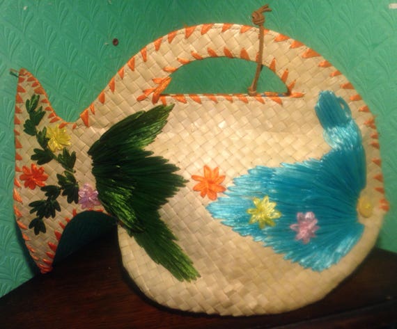Original 1960's novelty, raffia embroidered straw,