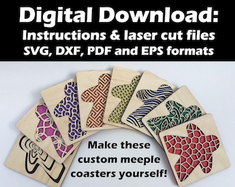 DIY Laser Cut Files + Instructions - Lasercut Plans - Colorful Meeple Coasters for Board Game Enthusiasts - svg, pdf, dxf, eps formats