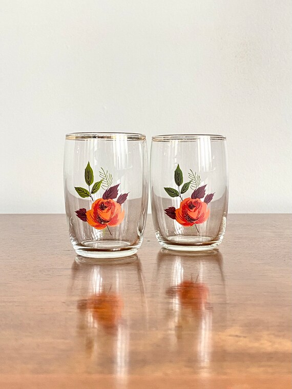 Pair of Vintage Drinking Glasses With Rose Decals Etsy