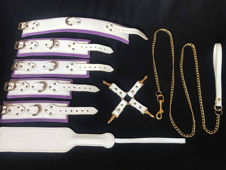 Leather Restraint Set, White Leather With Soft Padding, Paddle, Hogtie