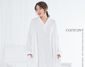 Abito camicia casual oversize bianco (CSD2) Abito elegante bianco, abito lungo, manica lunga, abito camicia donna, taglie forti, vestibilità ampia, garza naturale