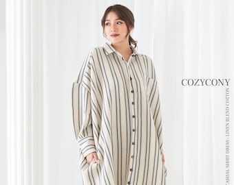 Abito camicia casual oversize con tasche (CSL1) Abito in lino per donna, abito lungo, manica lunga casual, abito camicia da donna, taglie forti, vestibilità ampia