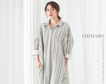 Abito camicia casual oversize con tasche (CSL6): abito in lino per donna, abito lungo, manica lunga casual, abito camicia da donna, taglie forti
