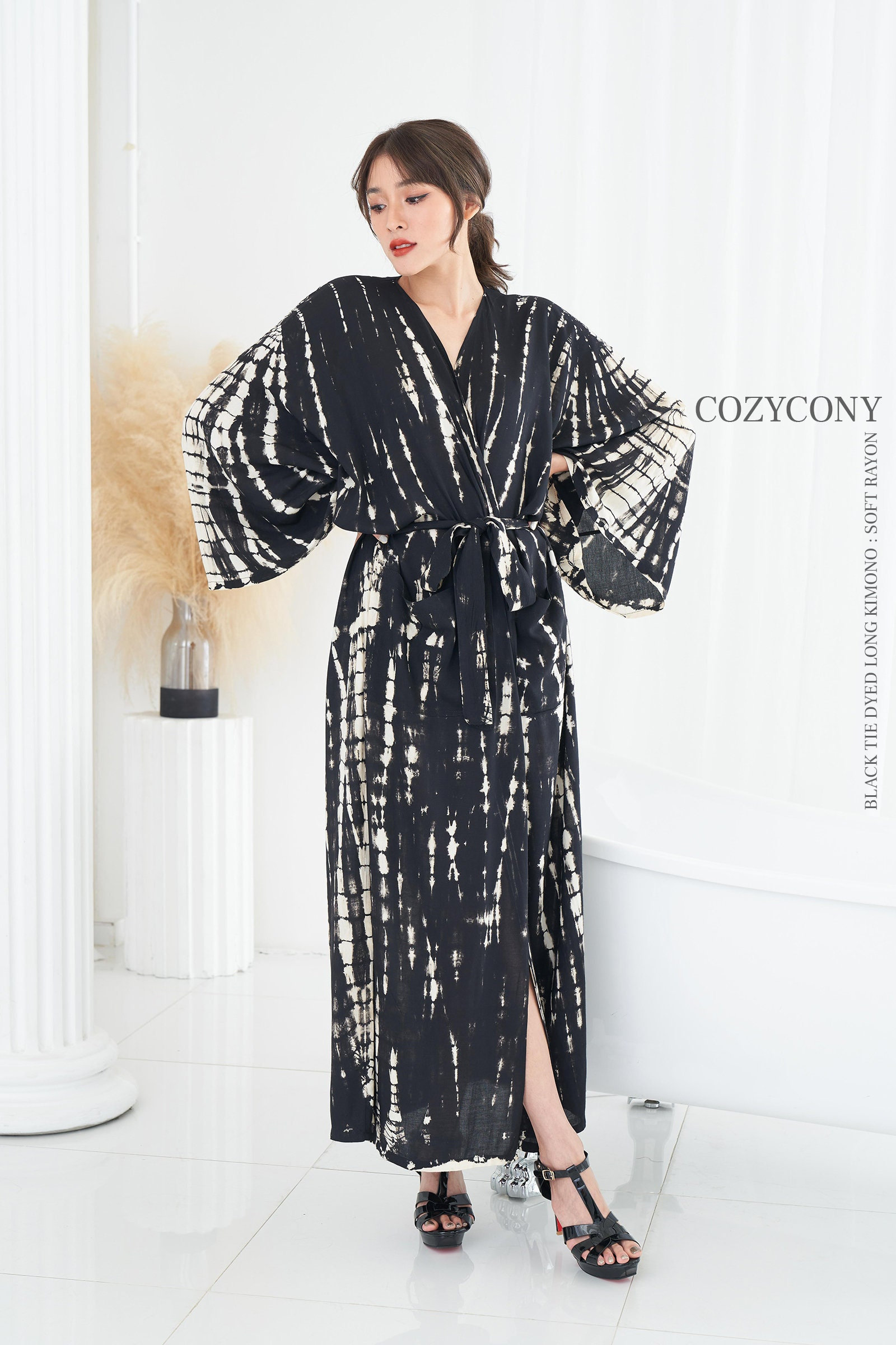 Black Oversized Long Kimono Tie Dyed(CKM1) Kimono robe, Long Duster robe, Oversized, Vacations, Summer, Resort wear, Plus size, Black Kimono