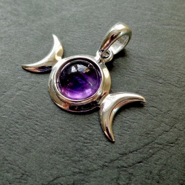 Beautiful Amethyst Triple Moon Goddess Wicca Pendant 925 Sterling Silver Wiccan on Leather Necklace