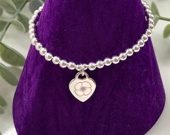 Sterling Silver Bead Poppy Flower on Heart Bracelet, Stackable, Remembrance Poppy