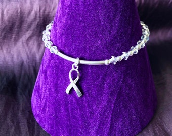 Sterling Silver Stretch Bracelet Lung Cancer Awareness Ribbon, Stackable, Cancer Survivor, Fighting Cancer,