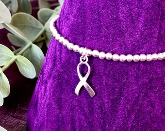 Sterling Silver Stretch Bracelet Awareness Ribbon, Stackable, Cancer Survivor, Fighting Cancer, Mental Health, Autism Diabetes Heart disease