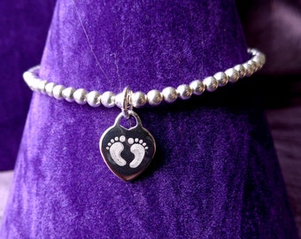 Sterling Silver Baby Feet Heart Stretch Bracelet, Stackable,  New mum gift, Mum to be