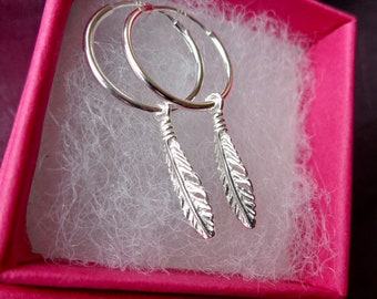 Feather Hoop Earrings 925 Sterling Silver When feathers appear Angels are near