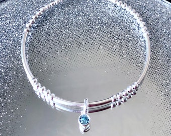 Something Blue Sterling Silver Stretch Bracelet  Stackable, Bride, Wedding, Aquamarine
