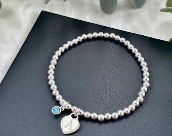 Sterling Silver Stretch Bracelet Initial Heart Tag & Birthstone, Stackable, 18th, 21st, Birthday, Bridesmaid, Wedding, Anniversary,