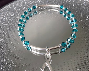Sterling Silver Stretch Bracelet Ovarian Cancer Awareness Ribbon, Stackable, Cancer Survivor, Fighting Cancer,