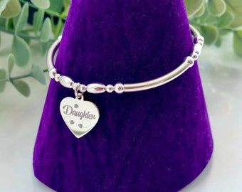 Daughter Heart 925 Sterling Silver Stretch Bracelet, Stackable, Noodle Bracelet