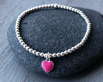 Sterling Silver Pink Enamel Heart Stretch Bracelet, Stackable
