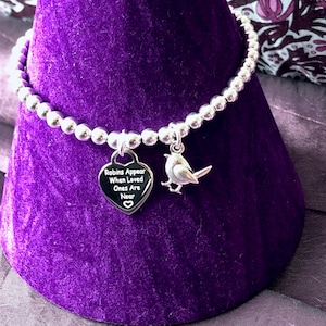 May include: Silver beaded bracelet featuring a heart-shaped charm and a bird charm. The heart charm is inscribed with "Robins Appear When Loved Ones Are Near". The bracelet is shown on a purple velvet surface.