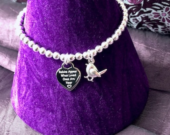 Robins appear when loved ones are near Heart Tag Bracelet, stretch & stack 925 Sterling Silver Bead Bracelet