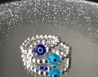 Evil Eye stretch and stack 925 Sterling Silver Bead Ring Lamp work Beads