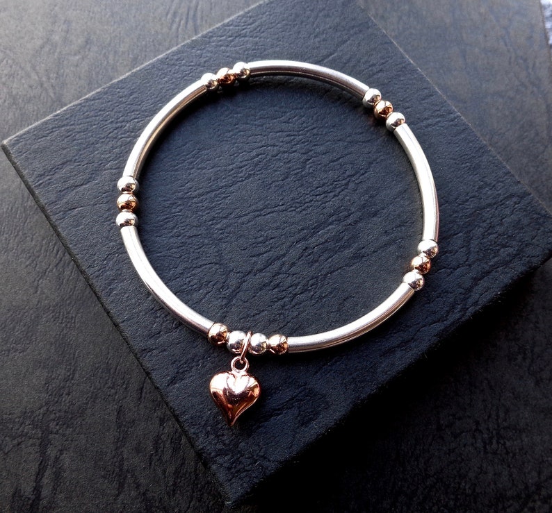 Sterling Silver Bead Rose Gold Vermeil Heart Stretch Bracelet | Etsy