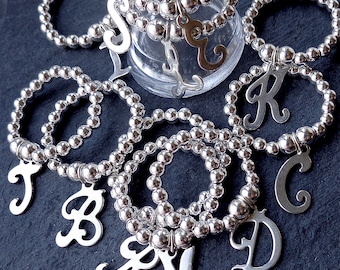 Fancy Letter Initial Charm stretch and stack 925 Sterling Silver Ring A to Z Alphabet Beaded