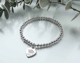 Sterling Silver Bead Graduation Stretch Bracelet, Graduate, Degree, Masters, 2025, 2024, 2023, any year available