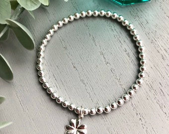 Sterling Silver 4 Leaf Clover Bead Stretch Bracelet, Stackable, Lucky Charm